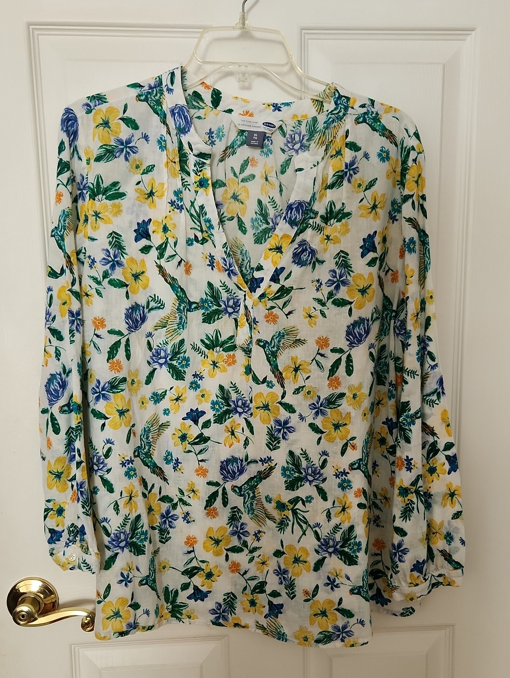 Old Navy Linen Cotton White Yellow Blue Floral V-Neck LS Tunic Shirt EUC XL